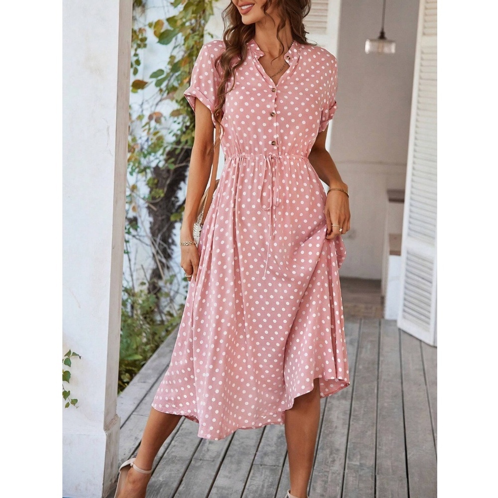 Pink Polka Dot Dress Midi Drawstring Ties Short Sleeve
